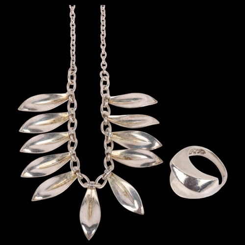 1568 - A Danish modernist sterling silver fringe necklace and ring, leaf necklace 36cm, ring size L, 21.5g ... 