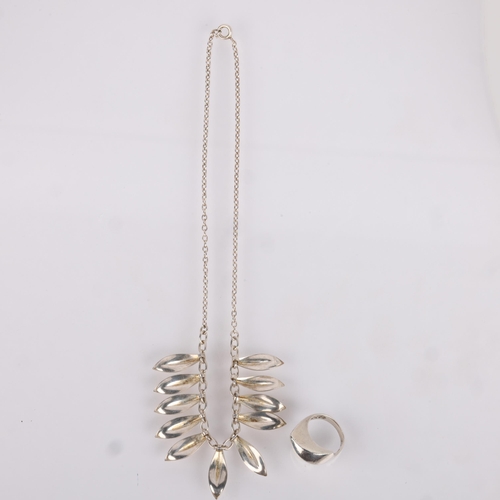 1568 - A Danish modernist sterling silver fringe necklace and ring, leaf necklace 36cm, ring size L, 21.5g ... 