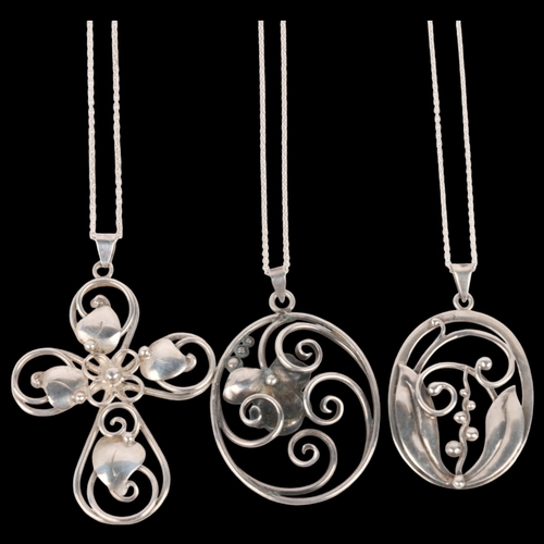 1575 - 3 Danish silver openwork pendant necklaces, makers include Bernhard Hertz, cross example 69.7mm, 35.... 