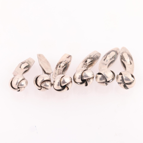 1583 - 3 pairs of Danish silver knot cufflinks, makers include Bernhard Hertz, 12.5mm, 23.5g total (3 pairs... 