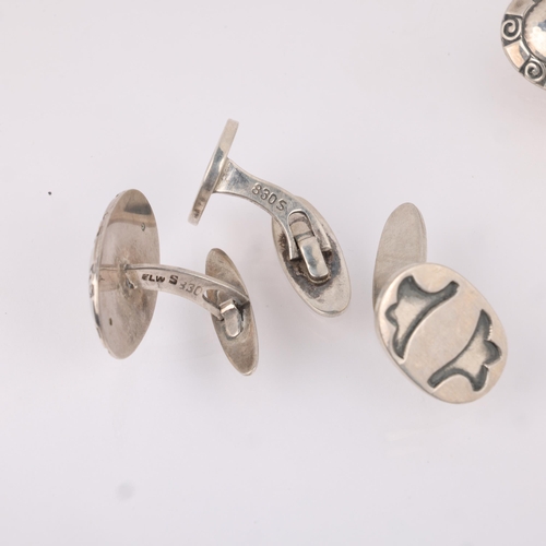 1584 - 3 pairs of Danish silver cufflinks, makers include Christian Veilskov, largest 27.4mm, 25.3g total (... 