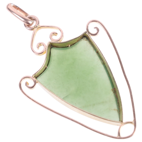 1375 - An Antique 9ct rose gold jade shield pendant, 33.5mm, 1.3g