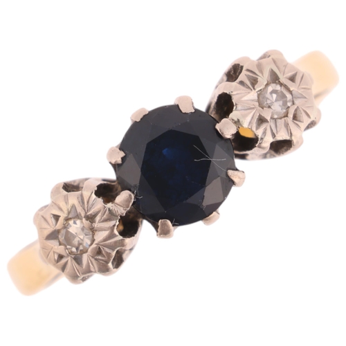 1377 - An 18ct gold three stone sapphire and diamond ring, maker HS, Birmingham 1972, set with round-cut sa... 