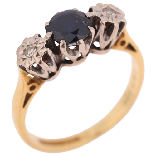 1377 - An 18ct gold three stone sapphire and diamond ring, maker HS, Birmingham 1972, set with round-cut sa... 