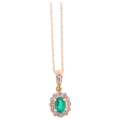 1379 - A 9ct gold chrome diopside and diamond cluster pendant necklace, on 9ct chain, pendant 18.1mm, chain... 