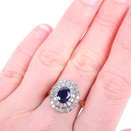 1382 - An 18ct gold sapphire and diamond cluster ring, set with oval mixed-cut sapphire and 2 rows of singl... 