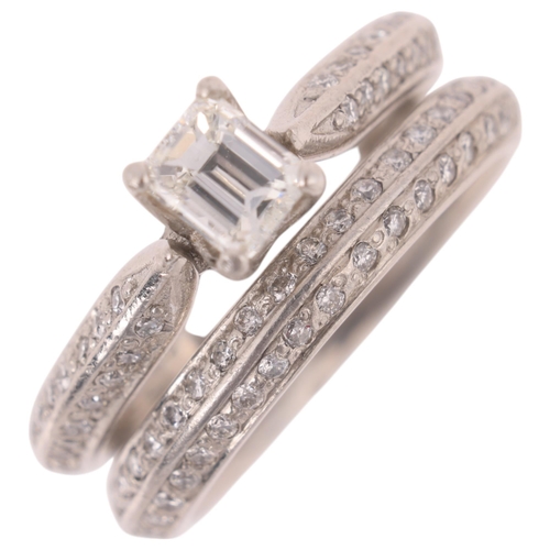 1385 - A platinum diamond bridal engagement set, comprising 0.6ct emerald-cut diamond single-stone ring, an... 