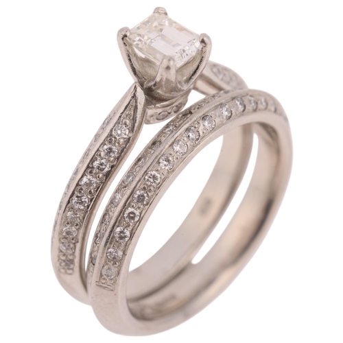 1385 - A platinum diamond bridal engagement set, comprising 0.6ct emerald-cut diamond single-stone ring, an... 