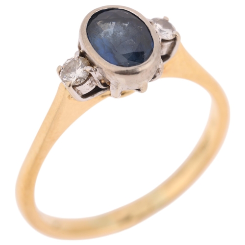 1387 - An 18ct gold three stone sapphire and diamond ring, import hallmarks London 1987, rub-over set with ... 