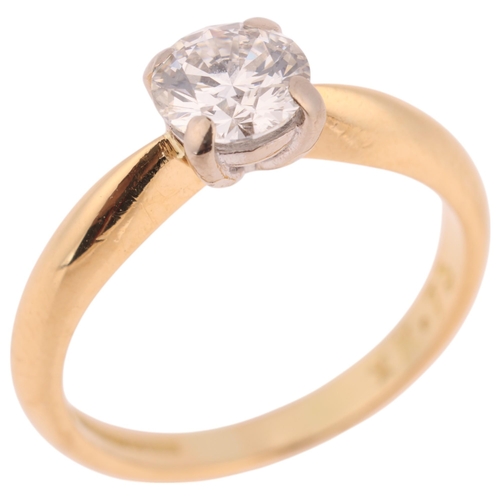 1400 - An 18ct gold 0.75ct single stone diamond ring, claw set with modern round brilliant-cut diamond, col... 