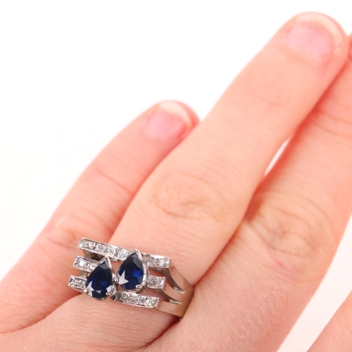 1406 - A 14ct white gold sapphire and diamond cocktail ring, in the Art Deco style, set with pear-cut sapph... 