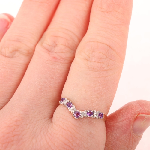 1409 - A 9ct gold amethyst and diamond wishbone ring, setting height 3.2mm, size N, 1.2g