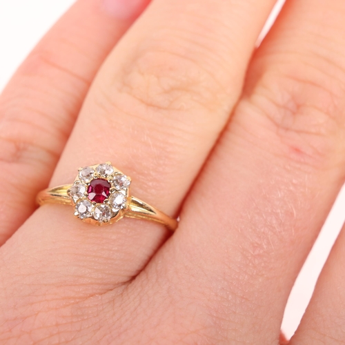 1410 - An Antique 18ct gold ruby and diamond cluster ring, set with round-cut ruby and old-cut diamonds, un... 