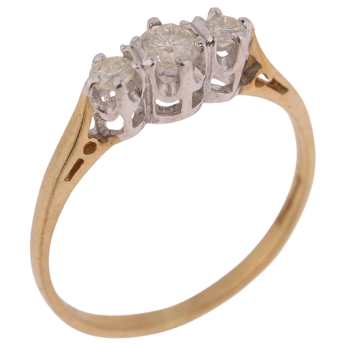 1413 - A 9ct gold three stone diamond ring, claw set with modern round brilliant-cut diamonds, total diamon... 