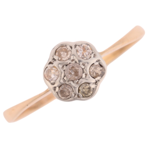 1414 - A 9ct gold and silver diamond flowerhead cluster ring, setting height 7.3mm, size R, 0.8g