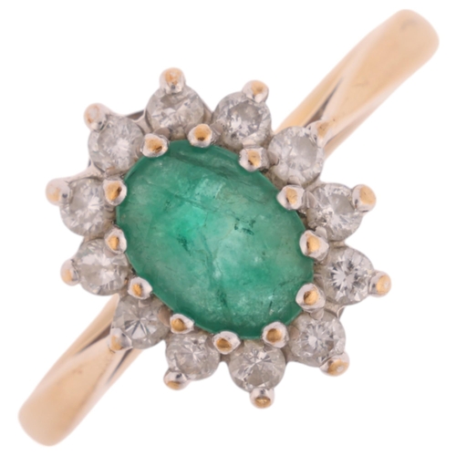 1415 - A 9ct gold emerald and diamond oval cluster ring, claw set with oval mixed-cut emerald and modern ro... 