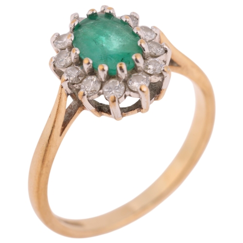 1415 - A 9ct gold emerald and diamond oval cluster ring, claw set with oval mixed-cut emerald and modern ro... 