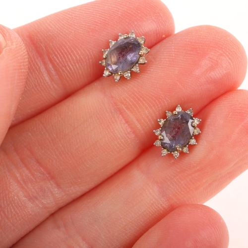 1419 - A pair of 9ct gold tanzanite and diamond cluster stud earrings, 9.6mm, 1.2g