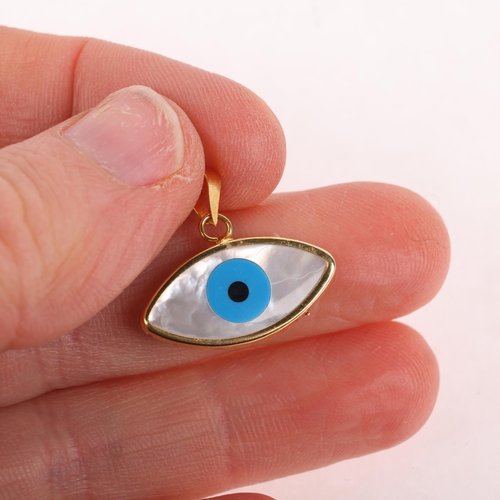 1426 - A 14ct gold mother-of-pearl 'Evil Eye' drop pendant, 18.2mm, 1.1g