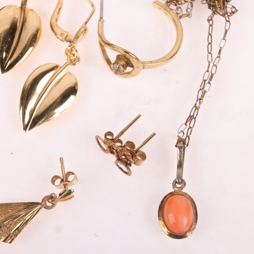 1437 - Various jewellery, including leaf drop earrings, coral pendant necklace, etc, 8.2g total