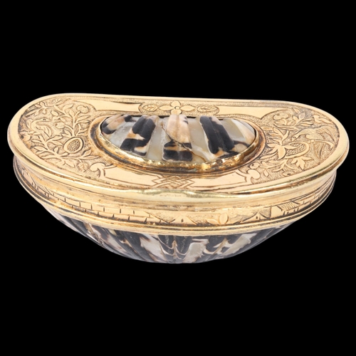 1603 - A George II silver-gilt mounted shell snuffbox, circa 1730, engraved foliate decoration, 7cm