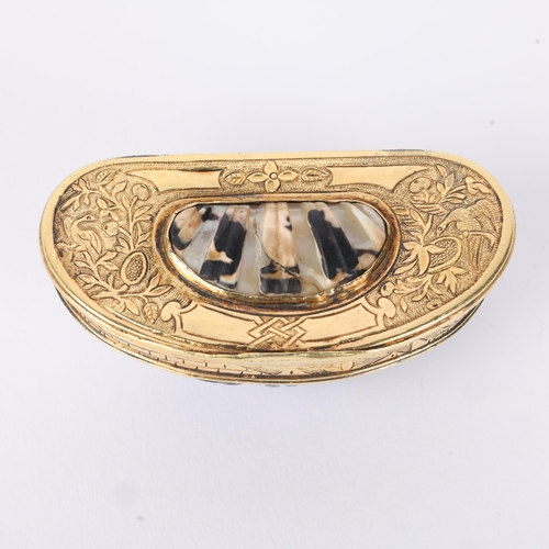 1603 - A George II silver-gilt mounted shell snuffbox, circa 1730, engraved foliate decoration, 7cm