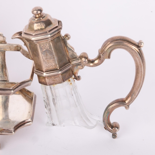 1630 - A George II silver 2-bottle cruet set, William Gould, London 1735, with fitted glass cruet bottles (... 