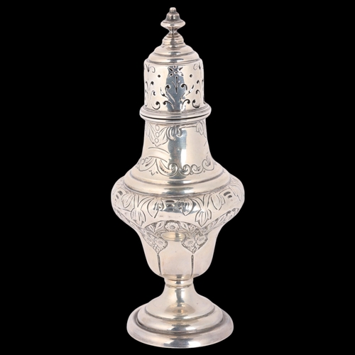 1633 - An Edwardian silver sugar caster, Williams Ltd, Birmingham 1903, baluster form with relief embossed ... 