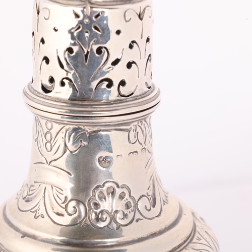 1633 - An Edwardian silver sugar caster, Williams Ltd, Birmingham 1903, baluster form with relief embossed ... 