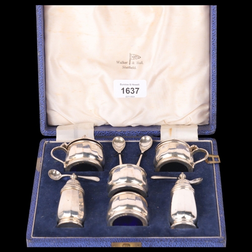 1637 - A cased Elizabeth II silver 6-piece cruet set, Walker & Hall, Birmingham 1956, cylindrical faceted f... 