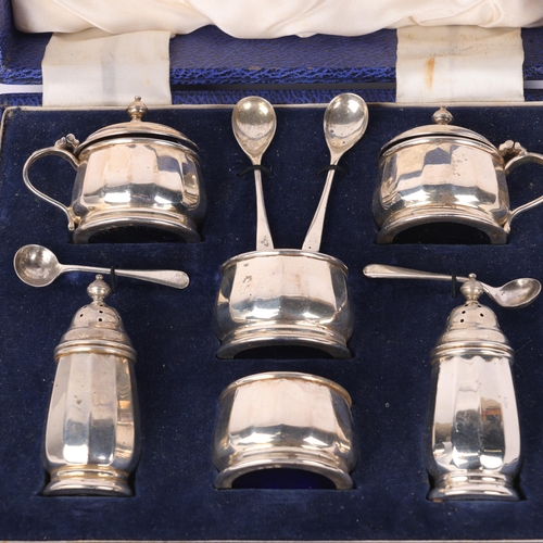 1637 - A cased Elizabeth II silver 6-piece cruet set, Walker & Hall, Birmingham 1956, cylindrical faceted f... 