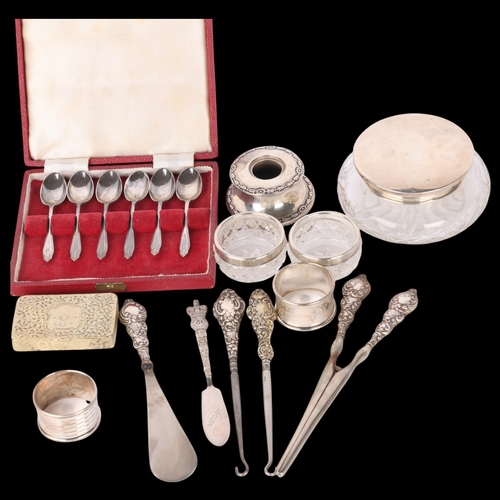 1642 - Various silver, including dressing table powder jar, candlestick holder, napkin rings, etc