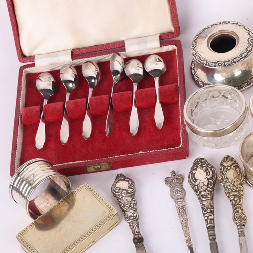 1642 - Various silver, including dressing table powder jar, candlestick holder, napkin rings, etc