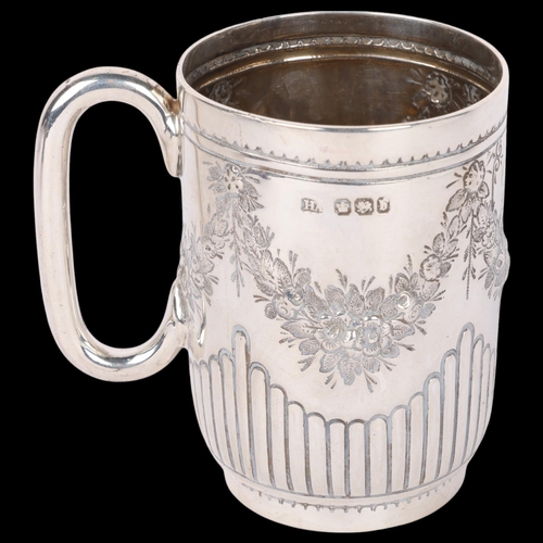 1644 - A late Victorian silver christening mug, Atkin Brothers, Sheffield 1894, cylindrical form with relie... 