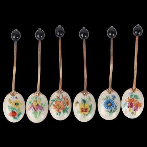 1646 - A set of 6 Elizabeth II silver-gilt enamel bean-end coffee spoons, Turner & Simpson, Birmingham 1961... 