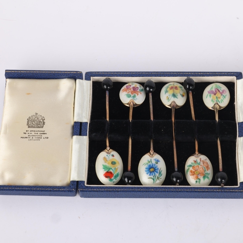 1646 - A set of 6 Elizabeth II silver-gilt enamel bean-end coffee spoons, Turner & Simpson, Birmingham 1961... 