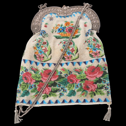 1649 - An Antique German/Dutch silver-mounted beadwork bag, circa 1880, frame width 16.5cm, bag length 26cm