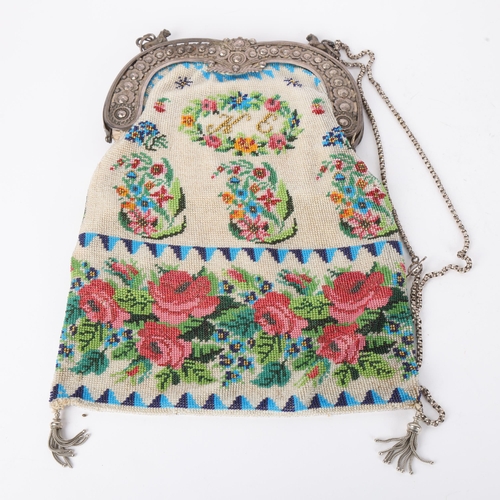 1649 - An Antique German/Dutch silver-mounted beadwork bag, circa 1880, frame width 16.5cm, bag length 26cm