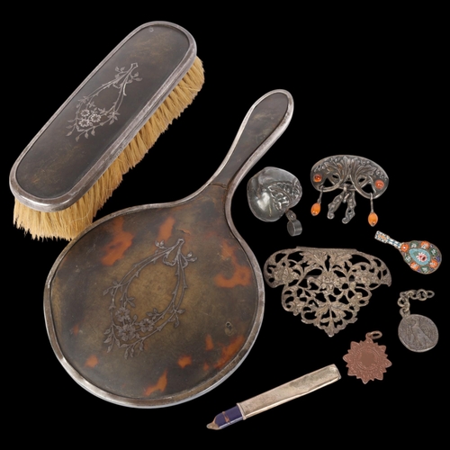 1650 - Various silver, including tortoiseshell 2-piece dressing table set (A/F), baby's rattle, amber brooc... 