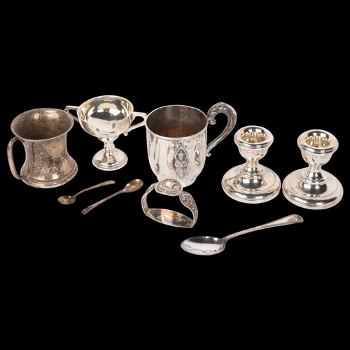 1651 - Various silver, including christening mugs, Viking ship napkin ring, pair of squat candlesticks, etc... 