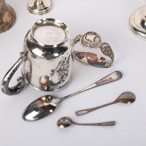 1651 - Various silver, including christening mugs, Viking ship napkin ring, pair of squat candlesticks, etc... 