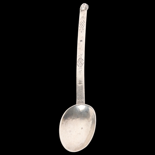 1655 - An Arts and Crafts George V silver long-handled spoon, Sandheim Brothers, London 1916, 16cm, 0.7oz