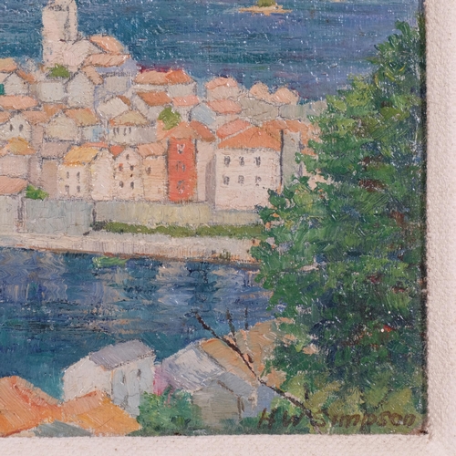 203 - H W Simpson, impressionist Italian lakeside town, oil on board, 18cm x 25cm, framed