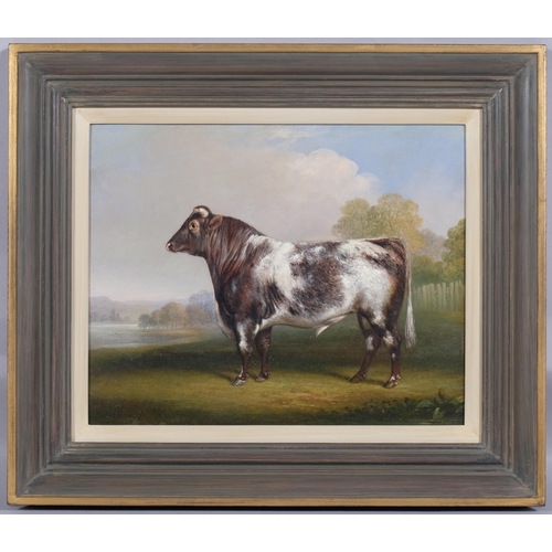 211 - Charles Dickinson Langley (1799 - 1873), Prize Bull, oil on board, 25cm x 32cm, framed