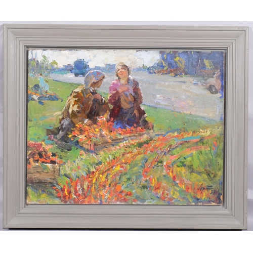 215 - Mikhail Artyukhin (1902 - 1967), The Gardeners, oil on board, 1957, 50cm x 70cm, framed and glazed, ... 