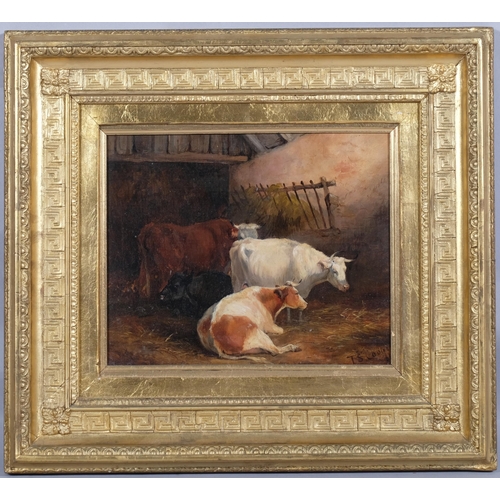 220 - Circle of Thomas Sidney Cooper, cattle in a barn, oil on canvas, 25cm x 31cm, framed