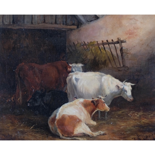 220 - Circle of Thomas Sidney Cooper, cattle in a barn, oil on canvas, 25cm x 31cm, framed