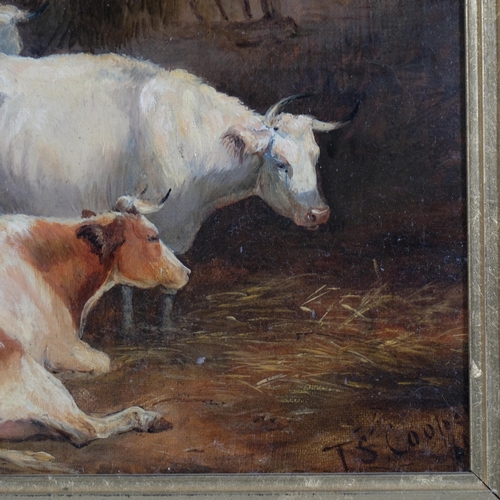 220 - Circle of Thomas Sidney Cooper, cattle in a barn, oil on canvas, 25cm x 31cm, framed