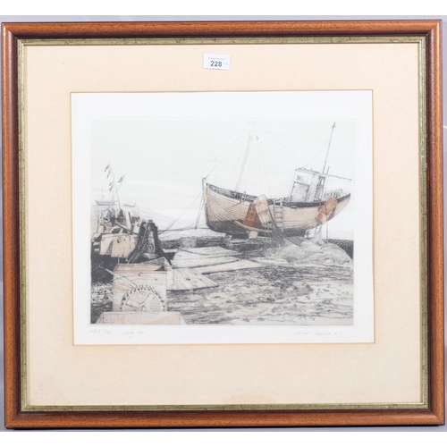 228 - Michael Chaplin RE (born 1943), beached trawlers, pair of coloured etchings, signed in pencil, plate... 