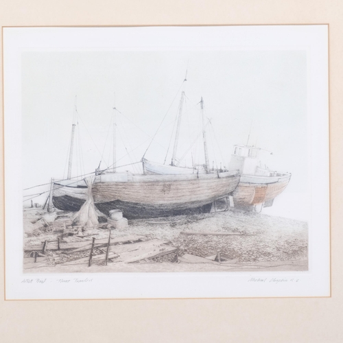 228 - Michael Chaplin RE (born 1943), beached trawlers, pair of coloured etchings, signed in pencil, plate... 